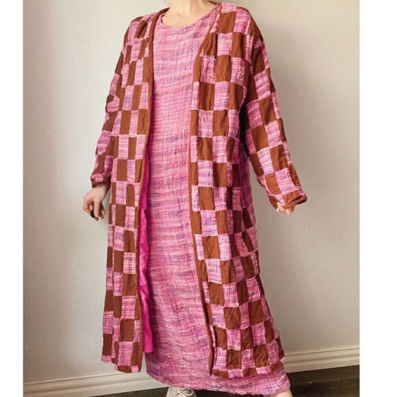 Vintage‎ MOLATO Silk Pink Tweed Patchwork Hippie 70s Maxi Dress Duster Jacket - Picture 1 of 13